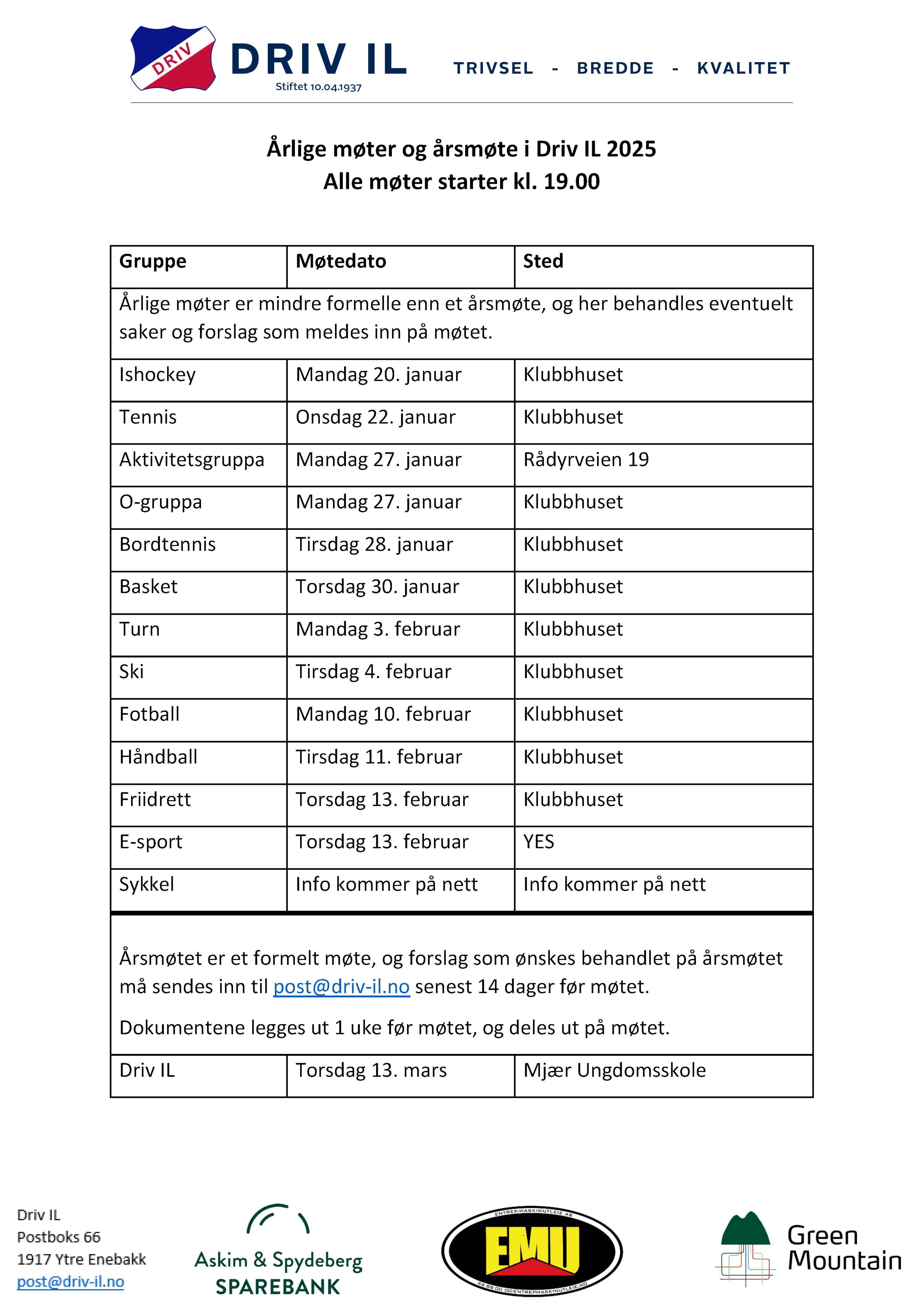Datoer årlige møter og årsmøte Driv IL 2025